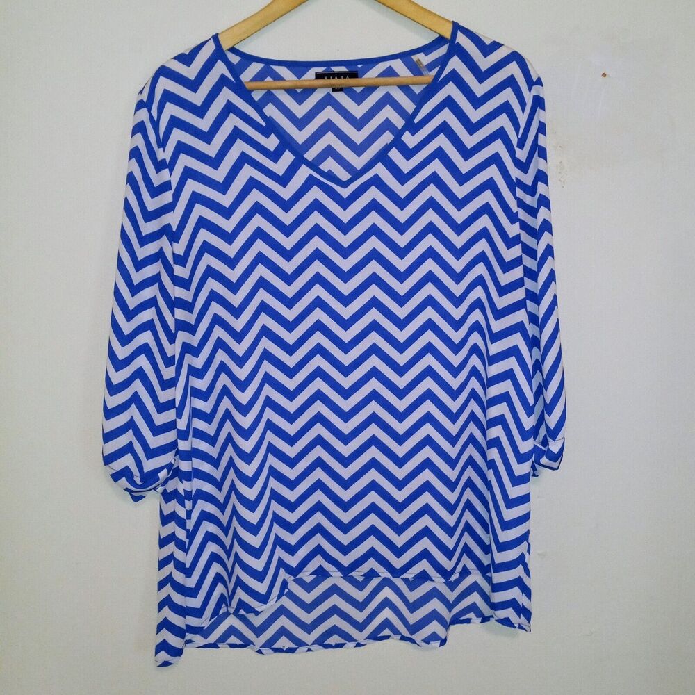 Kiara Chevron Print V-Neck Blouse-Size XL-Roll Tab Sleeve-Hi Low Hem-Nautical